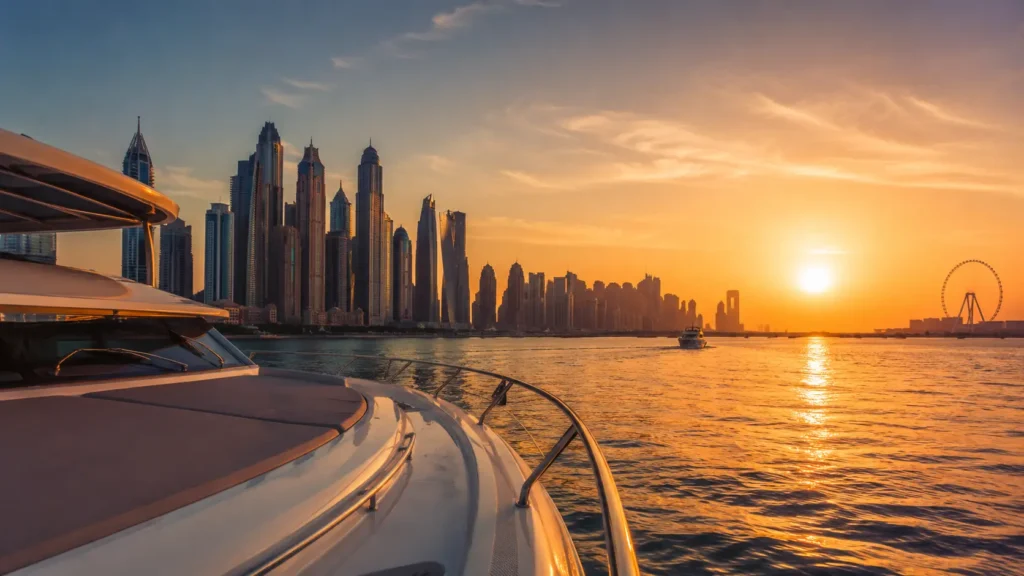 Luxury yacht at sunset skyline