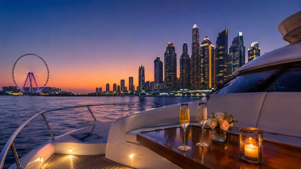 Romantic Yacht Toast Over City Lights