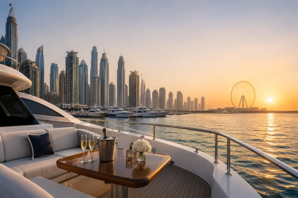 Sunset over luxury yacht marina