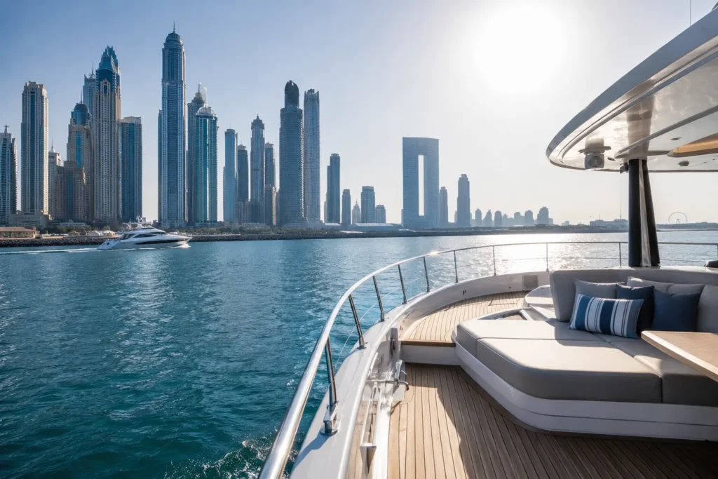 Luxury Yacht Overlooking City Skyline